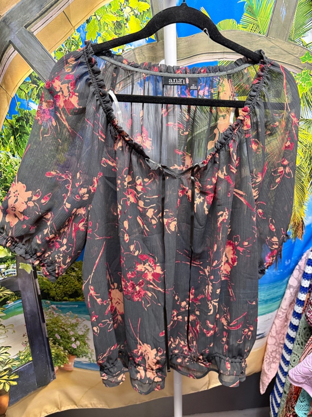 a.n.a Black Floral Peasant Blouse with Pink & Cream Flowers NWT
